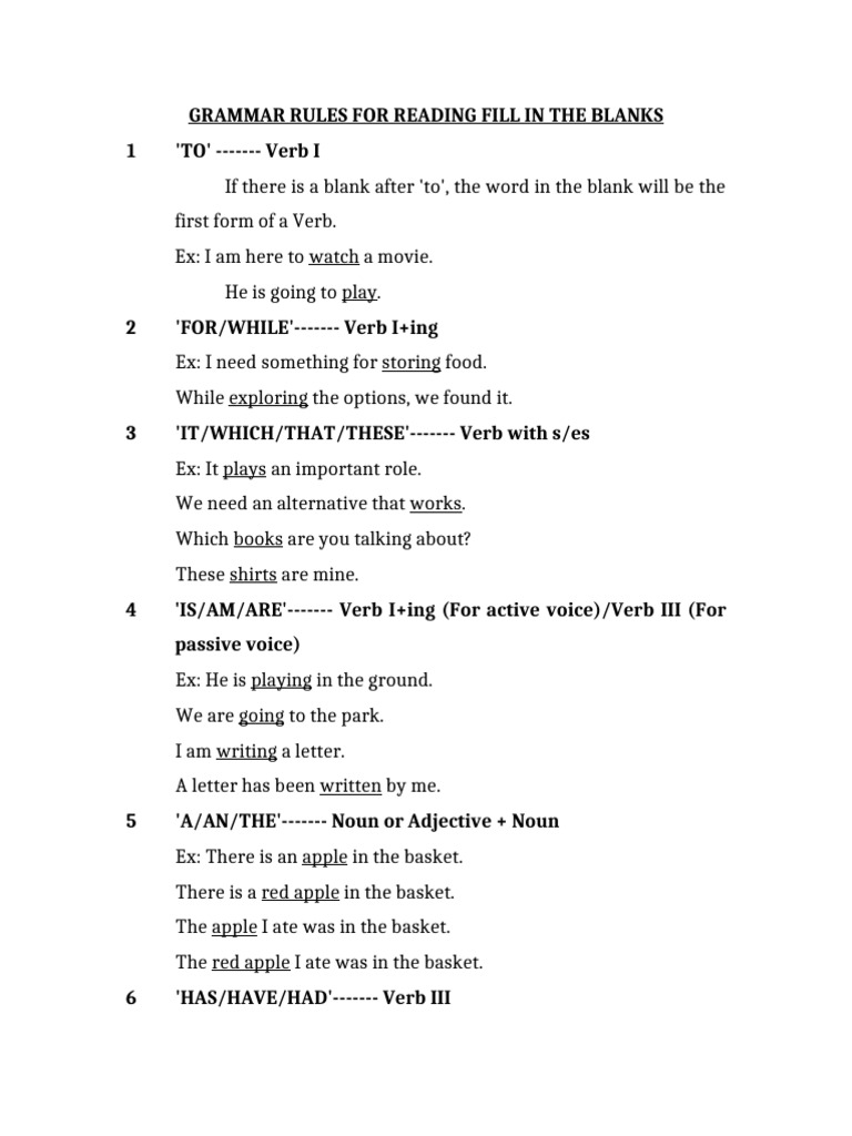 pte reading blanks grammar rules