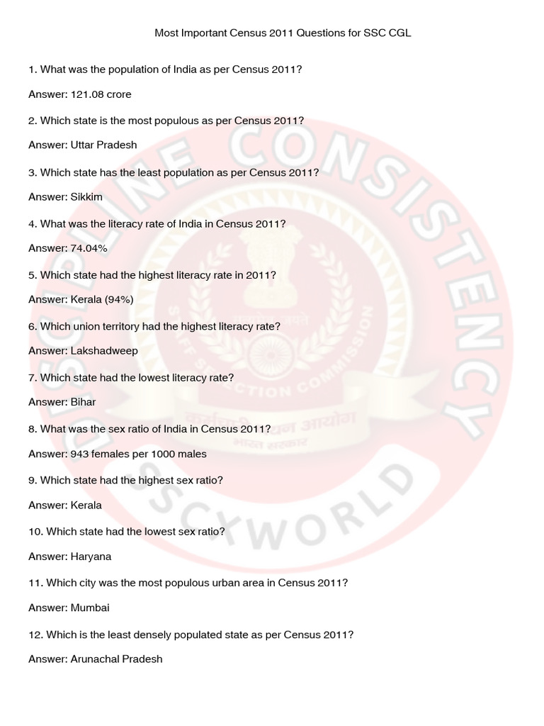 Key Census 2011 Insights for SSC CGL | PDF