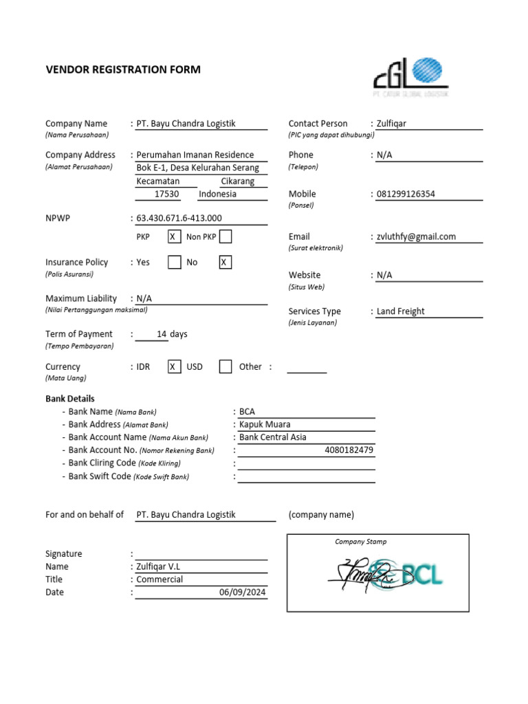 Vendor Registration Form Non PKP | PDF