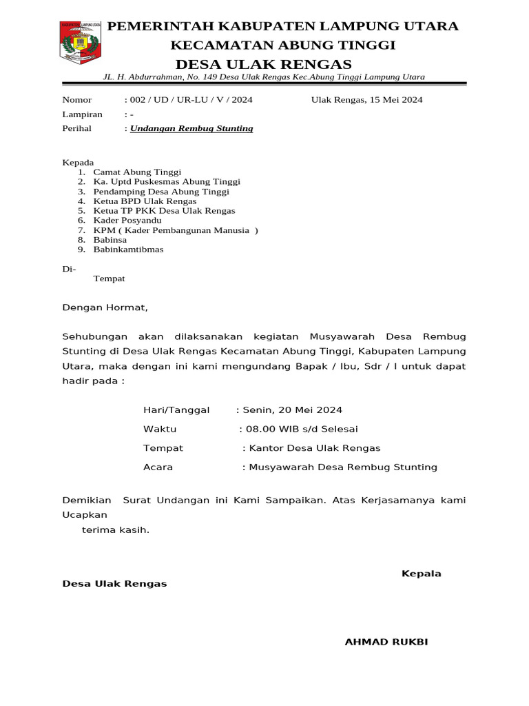 Undangan Rembug Stunting Desa Ulak Rengas | PDF