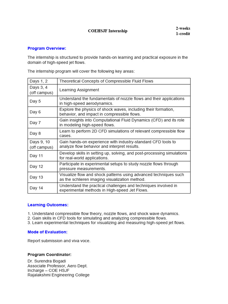 High-Speed Jet Flow Internship Program | PDF