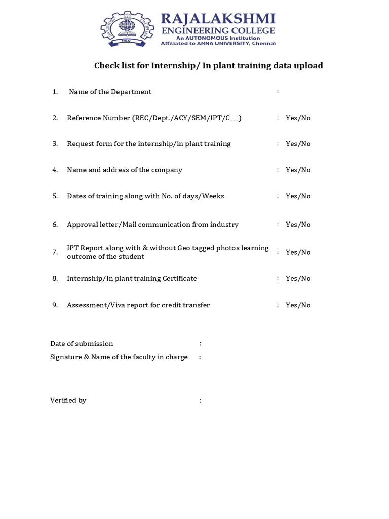 Check List For Internship | PDF