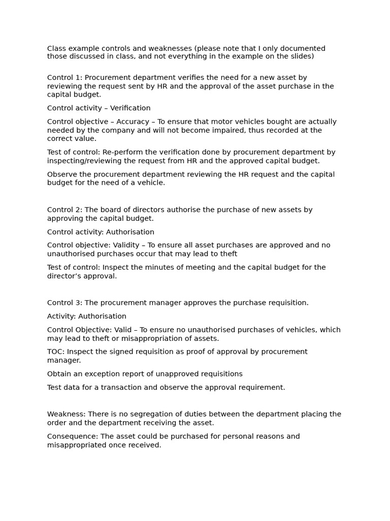 Class Example Controls and Weaknesses | PDF | Procurement ...