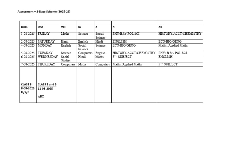 2025 Class 8 Exam Schedule | PDF