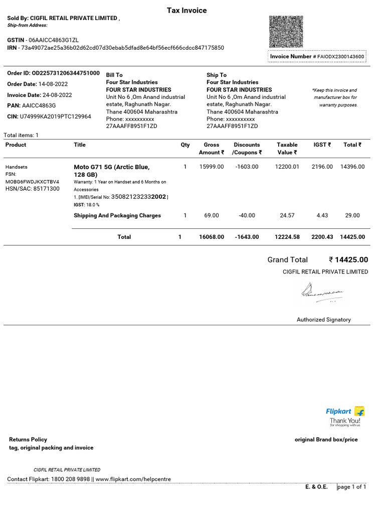 Invoice for Moto G71 5G Purchase | PDF | Taxes