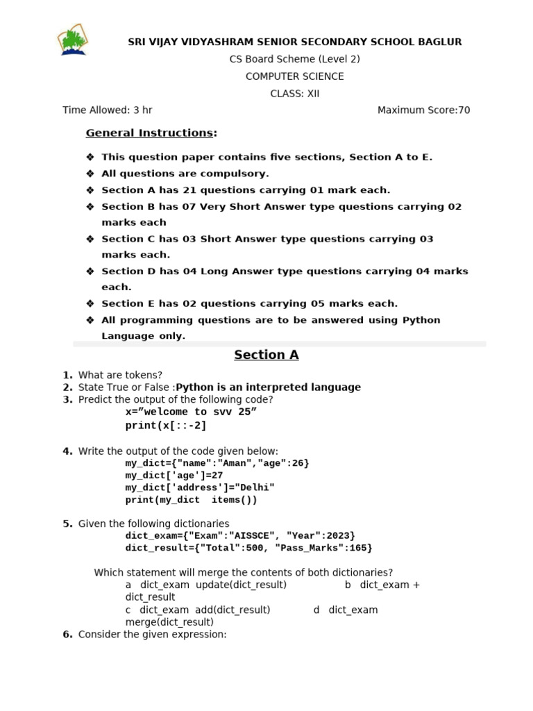 CS Level 2 Exam Paper for Class XII | PDF | Parameter (Computer ...