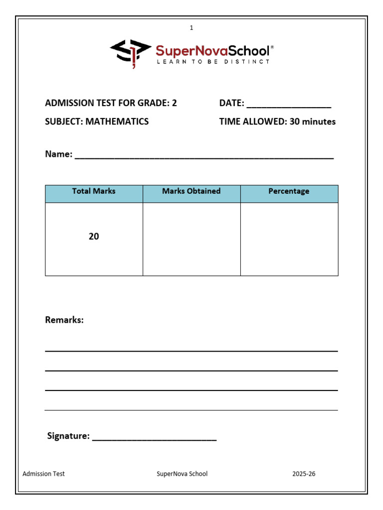 Grade 2 Math Admission Test Paper | PDF