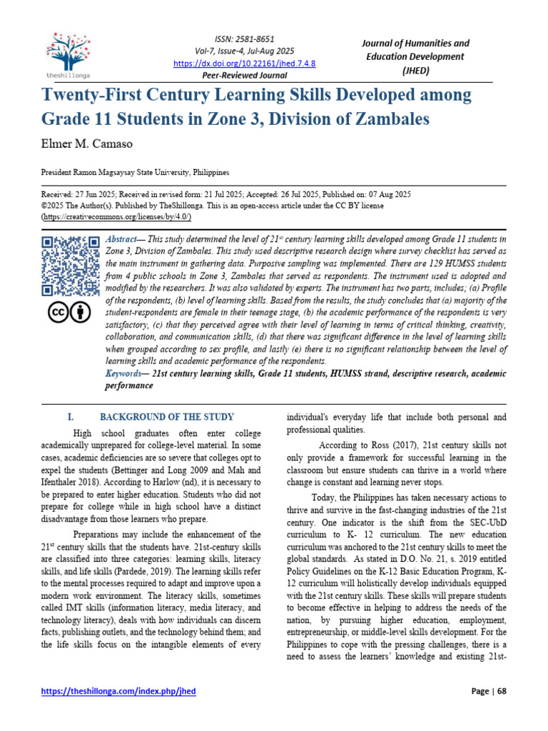 Twenty-First Century Learning Skills Developed Among Grade 11 Students ...