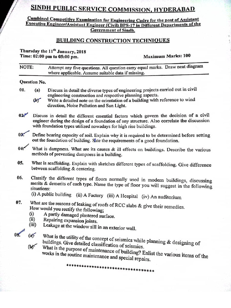 (SPSC Past Paper) Building Construction Technique | PDF