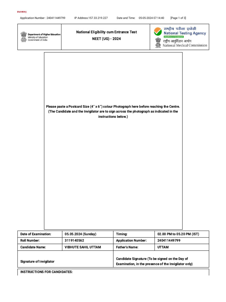 NEET (UG) 2024 Admit Card Instructions | PDF | Identity Document
