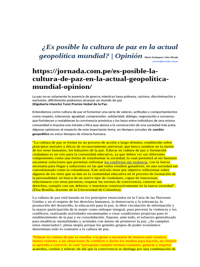 Cultura de paz en la geopolítica actual | PDF | Paz | Derechos humanos