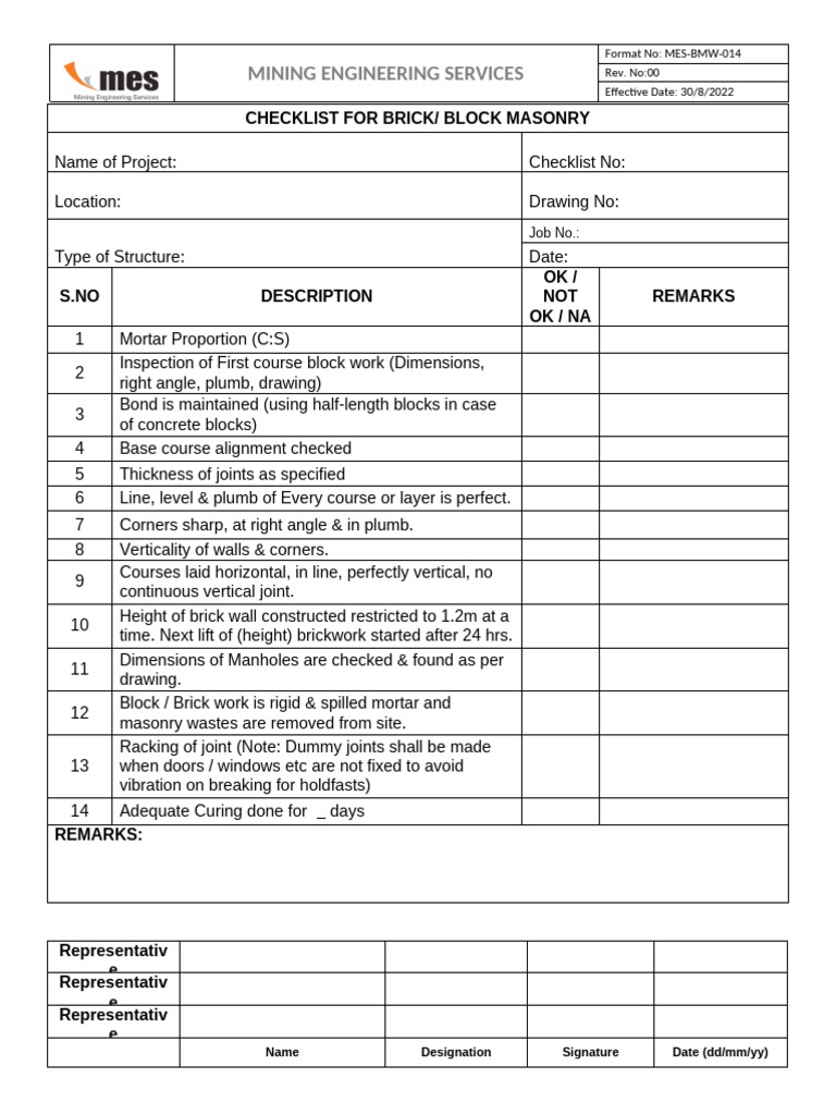 17 Checklist for Brick ,Hollow Block Masonry- Mes-bmw-014 | PDF