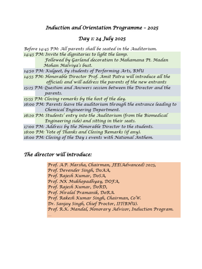 Induction & Orientation 2025 Schedule | PDF