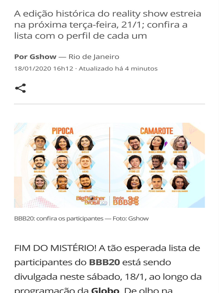 Participantes Do BBB20 Saiba Quem São Os Novos Brothers BBB20 Gshow | PDF