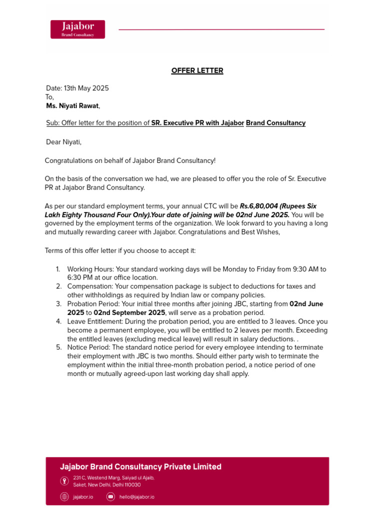Offer Letter for Sr. Executive PR | PDF | Employment | Salary
