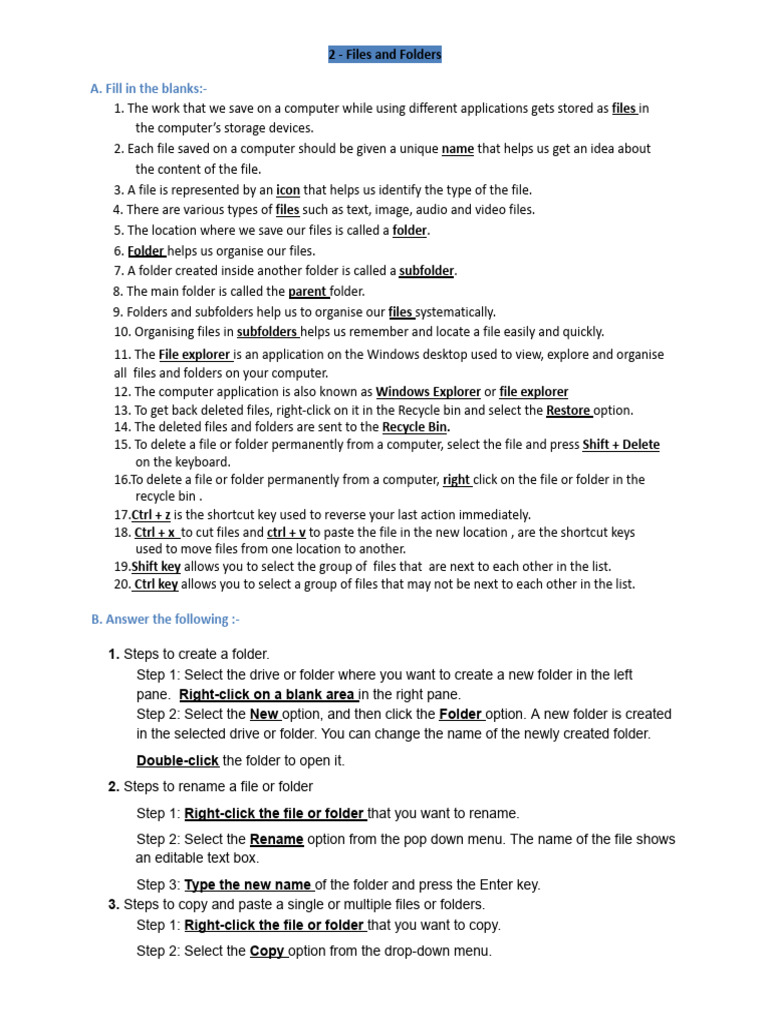Files and Folders Worksheet for Grade 2 | PDF | Computer File | Software