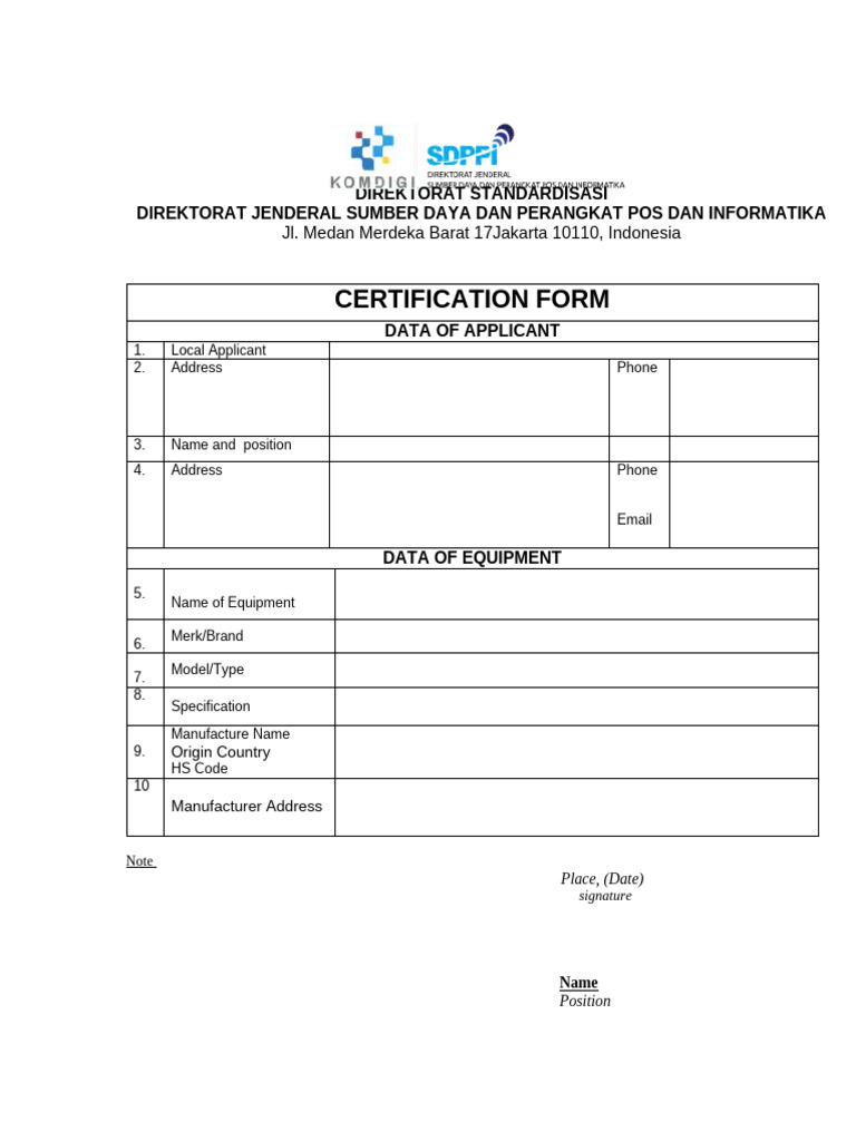 Equipment Certification Form Template | PDF