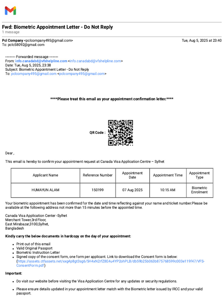 Gmail - FWD - Biometric Appointment Letter - Do Not Reply | PDF ...