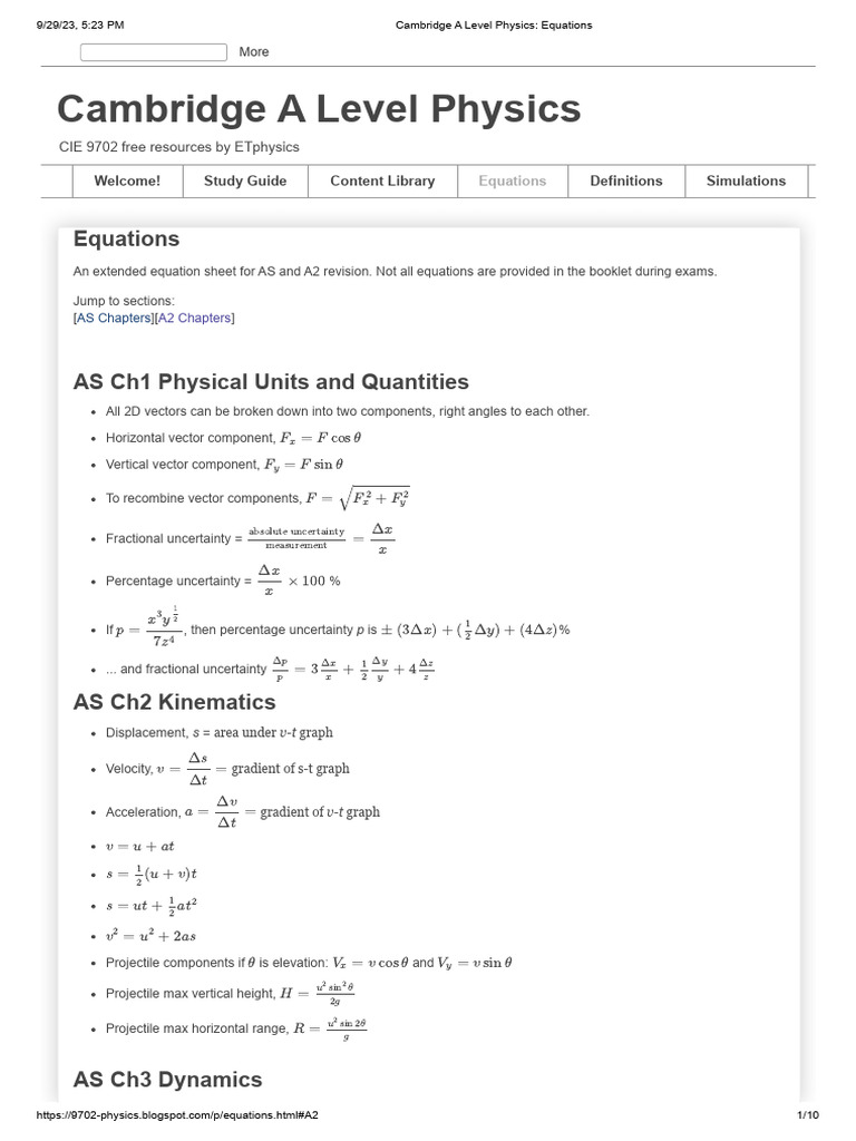 Cambridge A Level Physics Equations | PDF | Force | Classical Mechanics