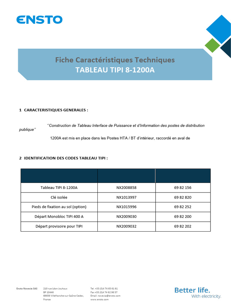 Fiche technique Tableau TIPI 8-1200A | PDF | Interrupteur | Fusible ...