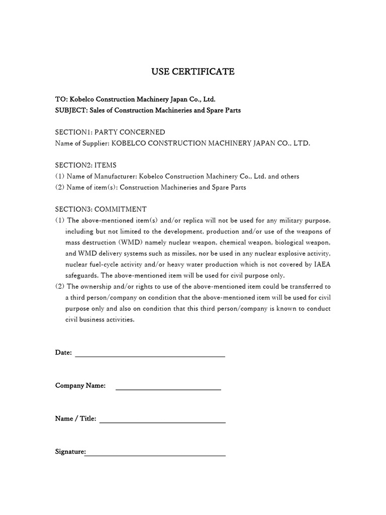 Kobelco Construction Machinery Use Certificate | PDF