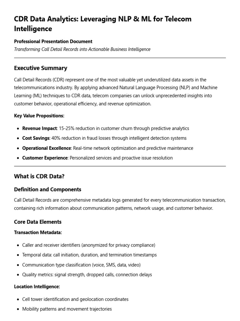 CDR Analytics: NLP & ML in Telecom | PDF | Machine Learning | Analytics