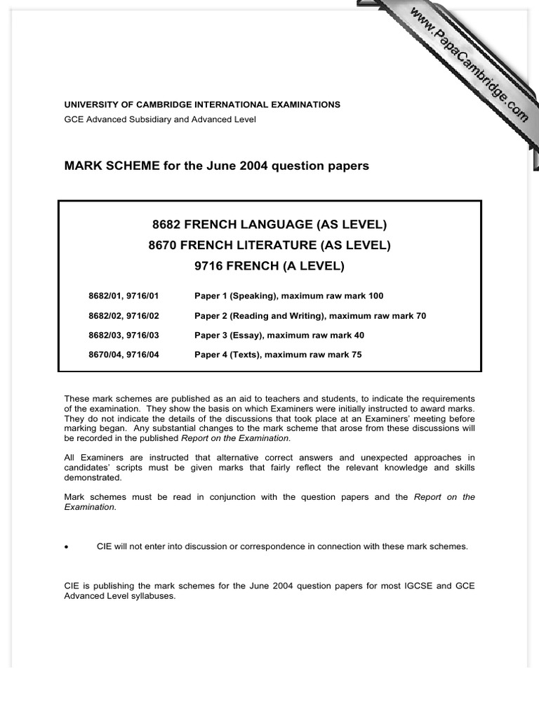 Cambridge GCE French Mark Scheme 2004 | PDF | Knowledge | Accuracy And ...