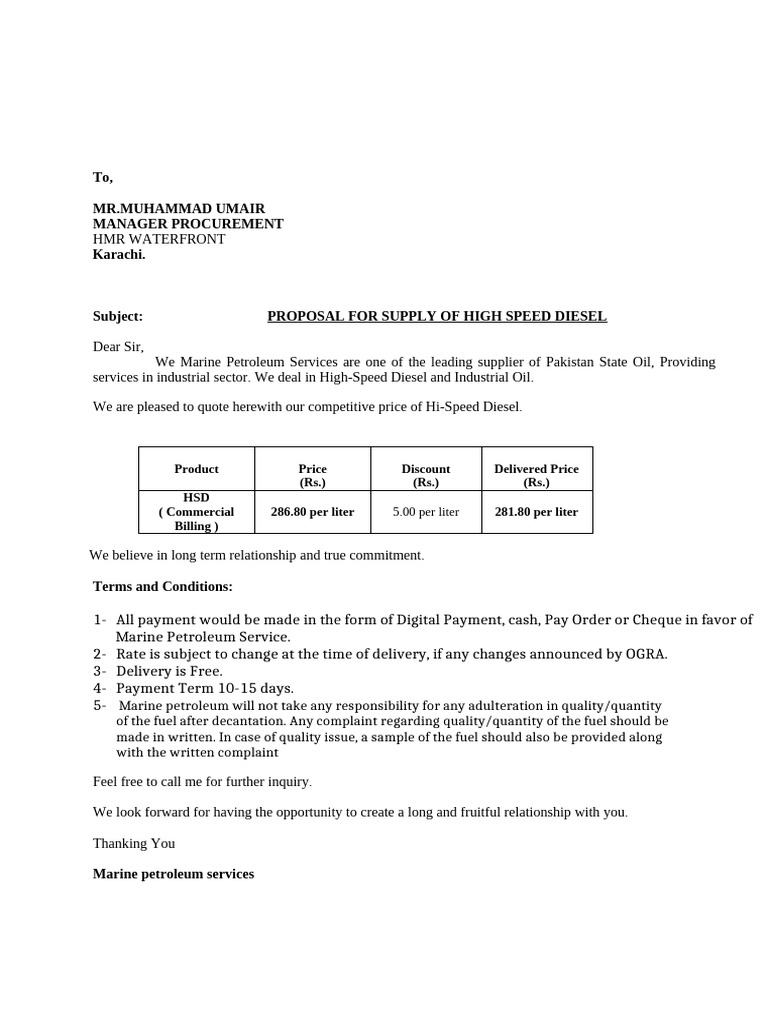 Diesel Supply Quotation Proposal | PDF