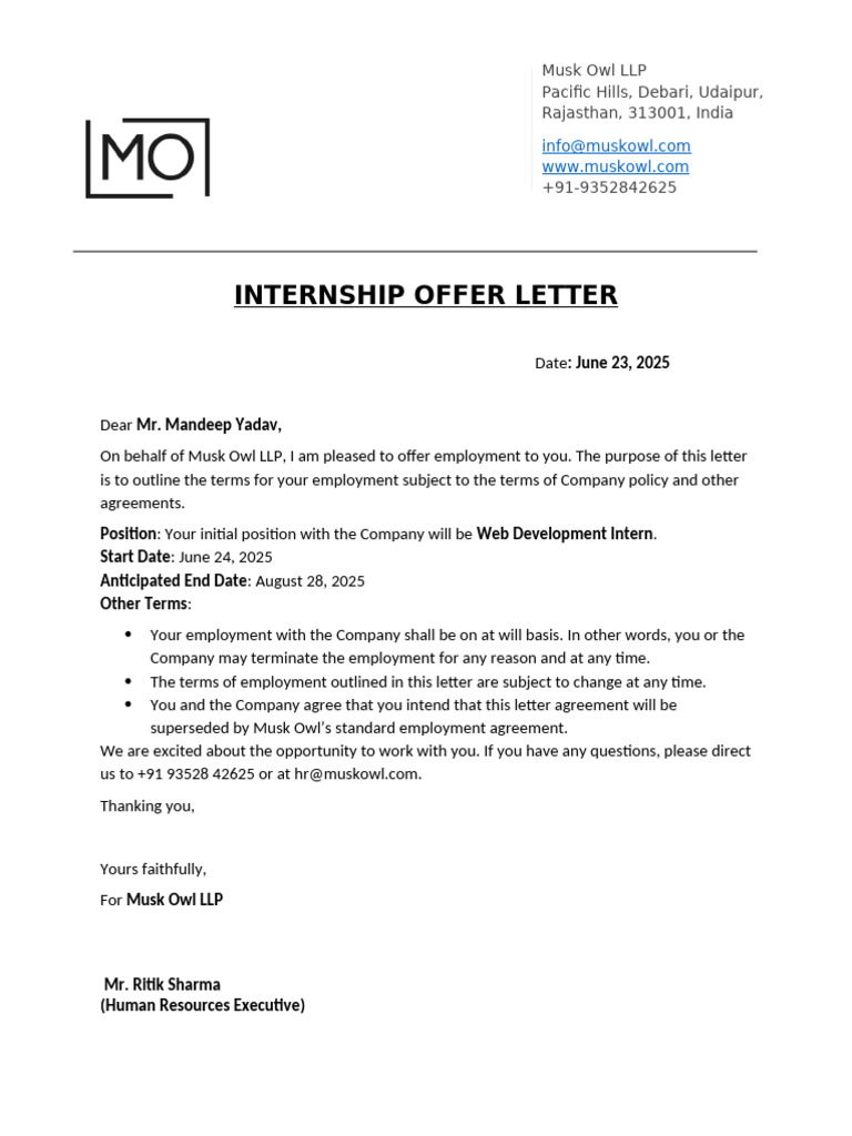 Web Development Internship Offer Letter | PDF