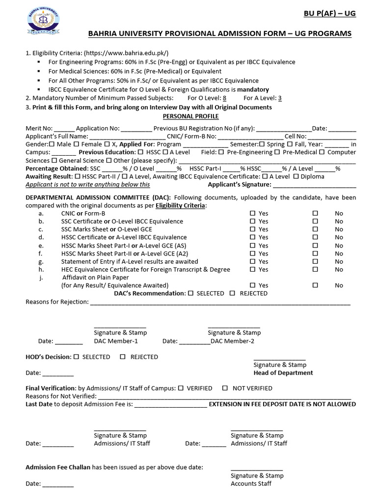 Bahria University UG Admission Form | PDF | Student Assessment And ...