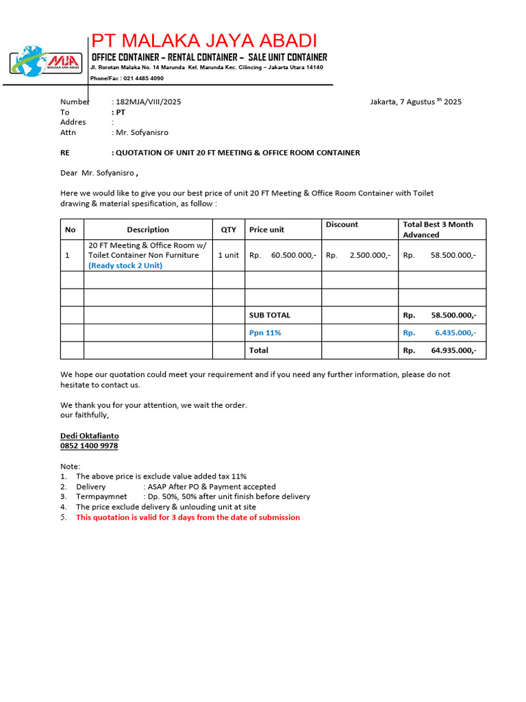 20 FT Office Container Quotation | PDF