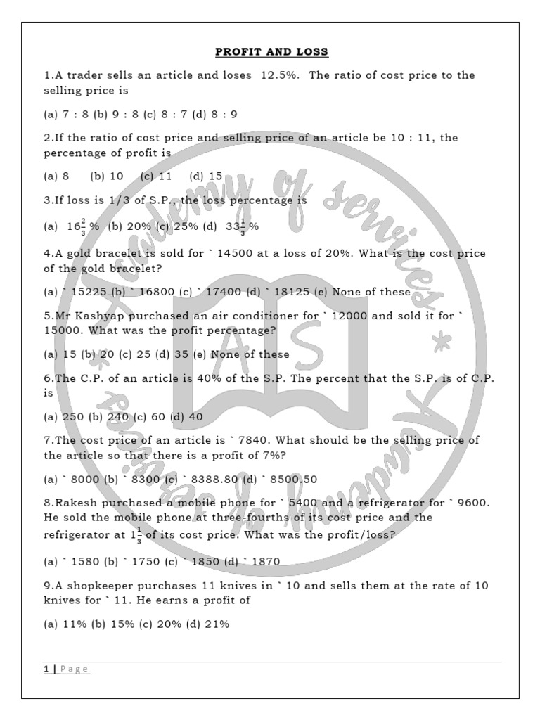 Profit and Loss Calculations Quiz | PDF | Prices | Percentage
