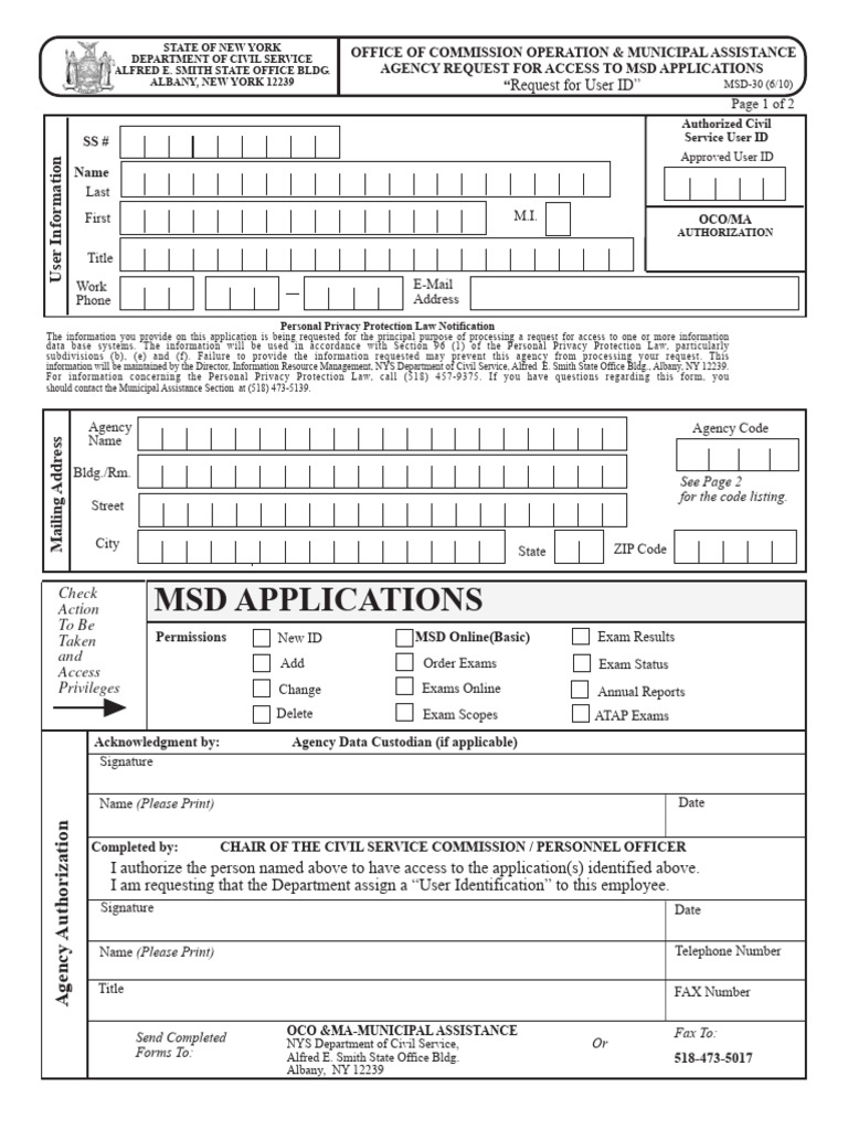 NY Civil Service MSD User ID Request Form | PDF | Computing