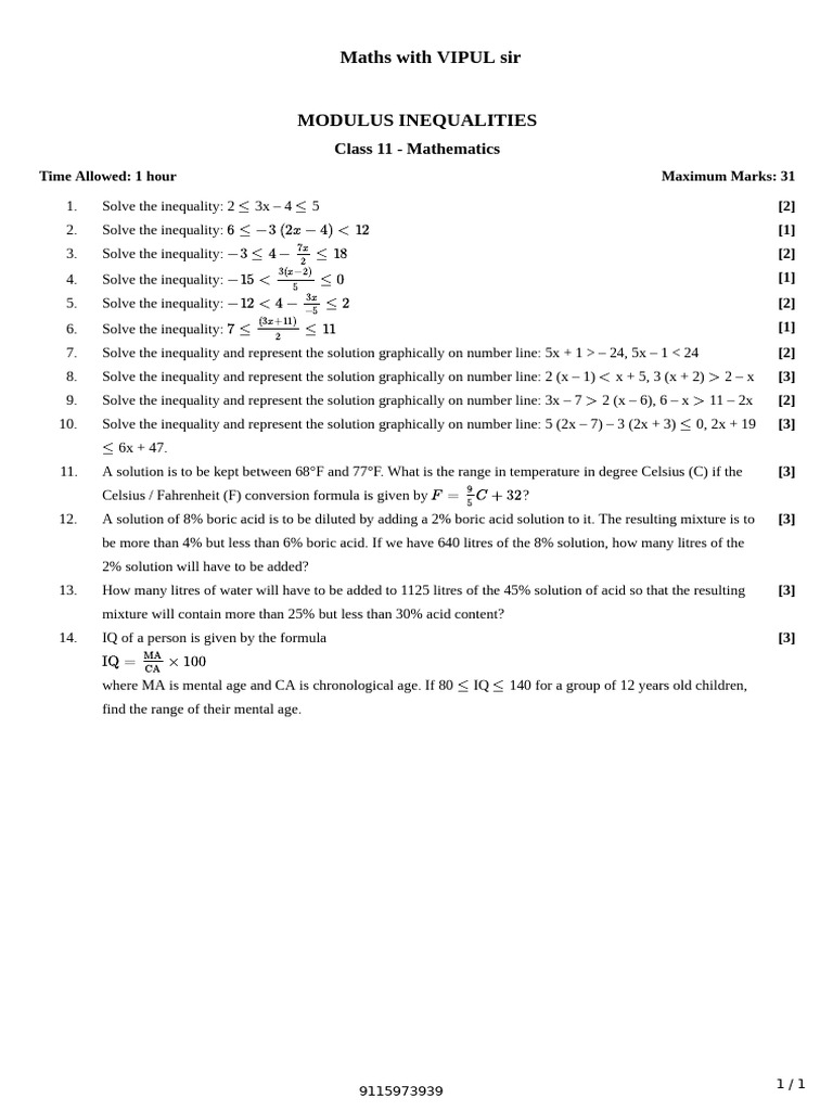 Class 11 Modulus Inequalities Practice | PDF | Inequality (Mathematics ...