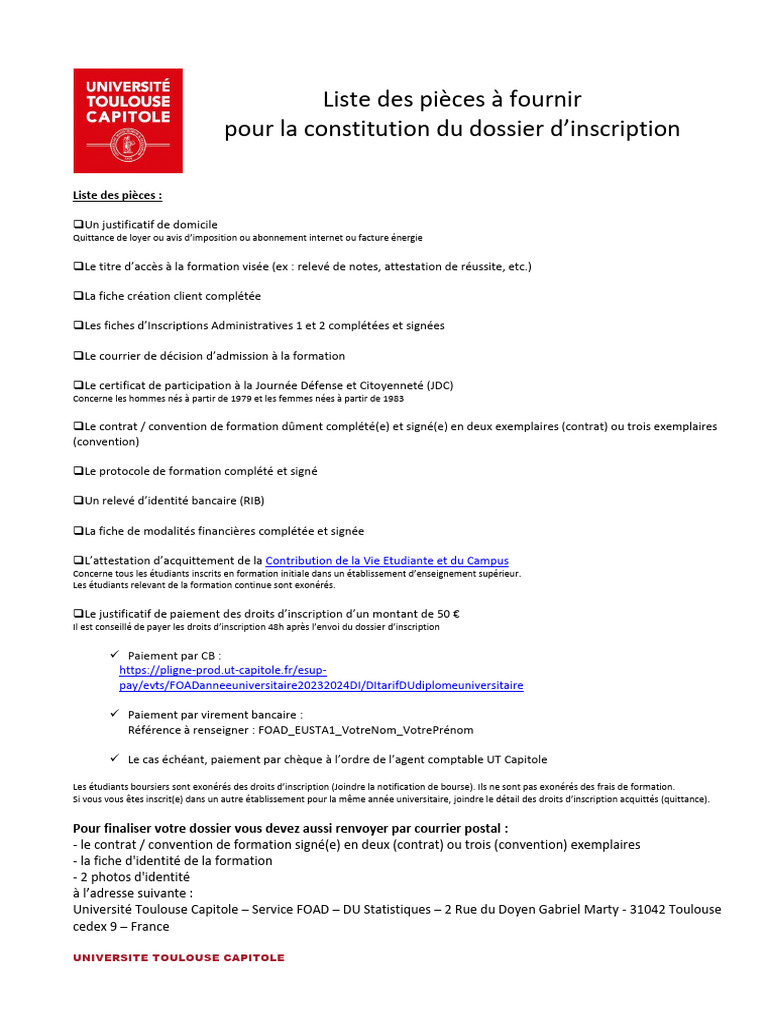 Dossier d'inscription Université Toulouse Capitole | PDF