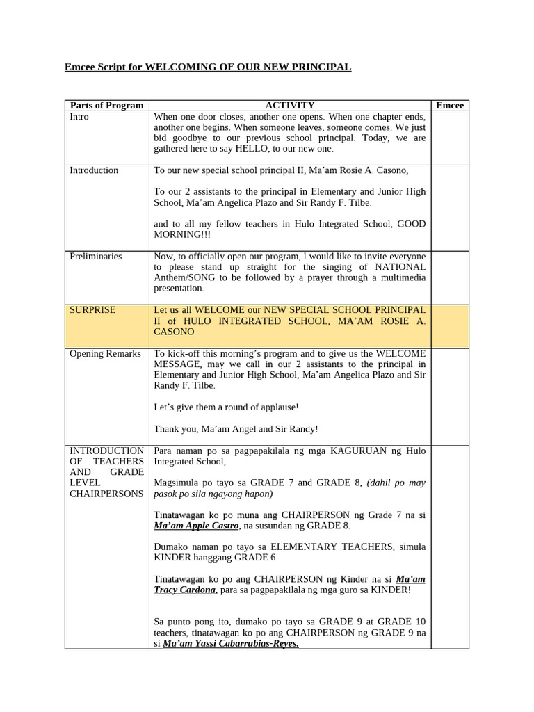 Welcome Program for New Principal | PDF