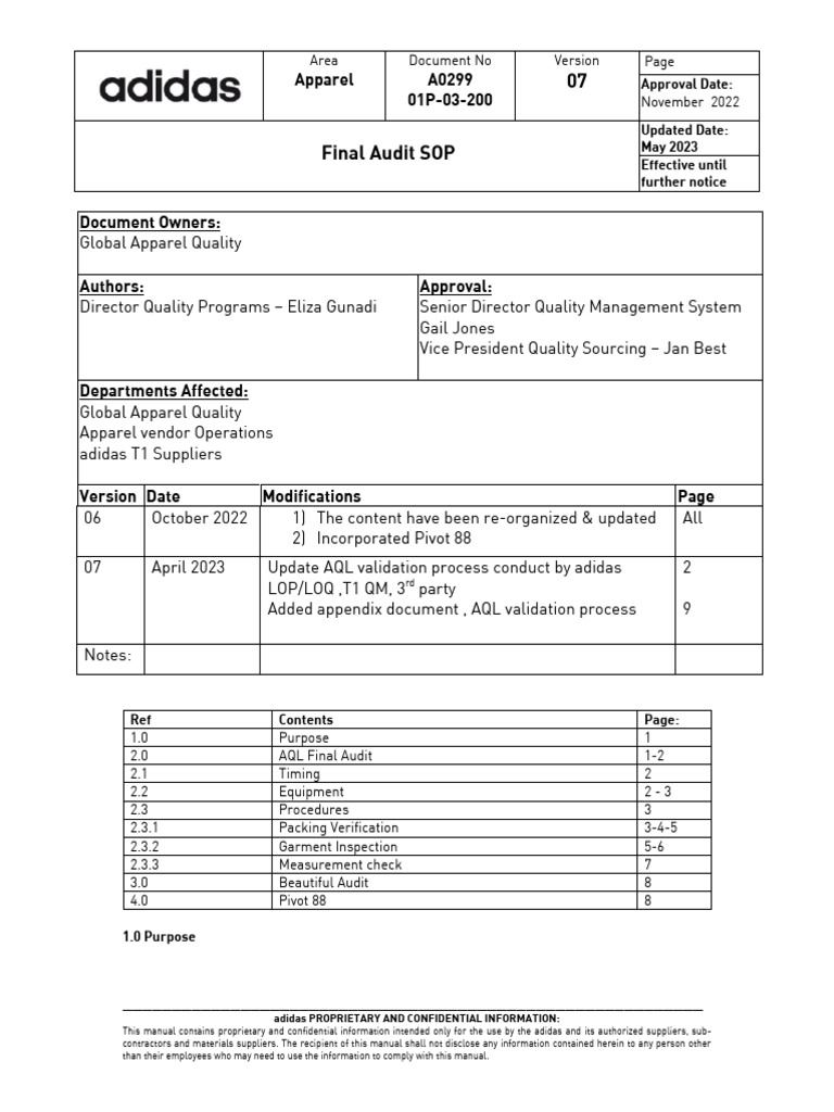 AQL Final Audit SOP for Apparel Quality | PDF | Audit | Clothing