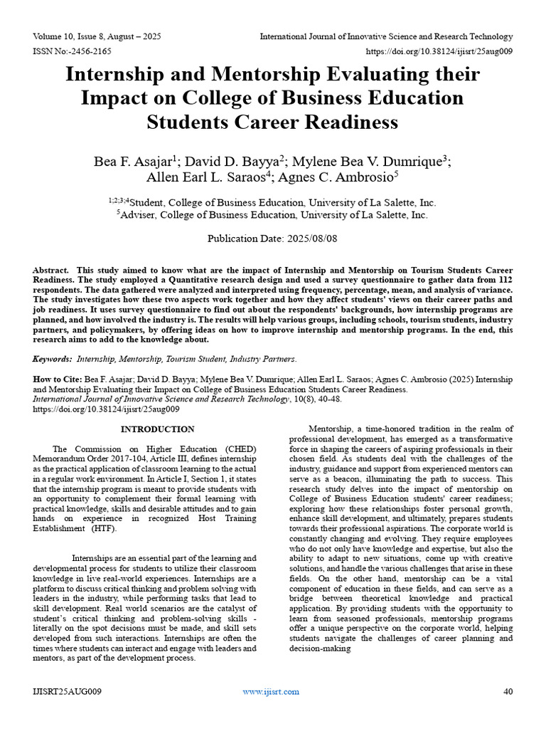 Internship and Mentorship Evaluating Their Impact On College of ...