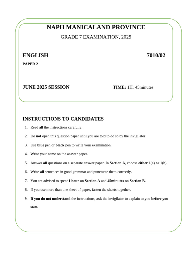 Grade 7 English Exam Paper 2025 | PDF