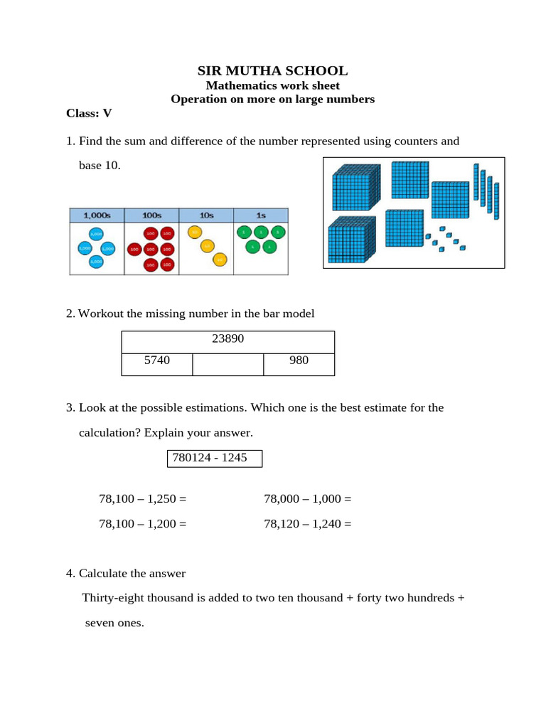 Class 5 Large Number Operations Worksheet | PDF
