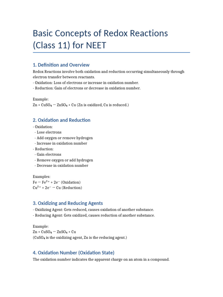 Redox Reactions Overview for NEET | PDF | Redox | Chemical Reactions