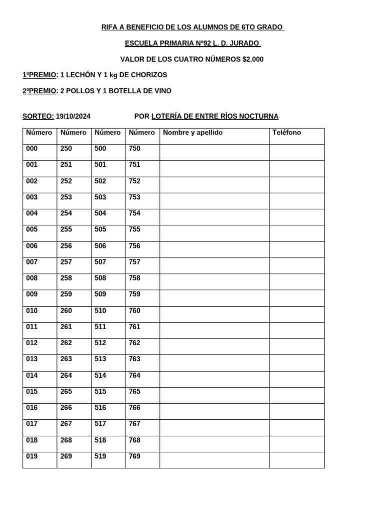 Rifa Escolar: Premios y Números 2024 | PDF