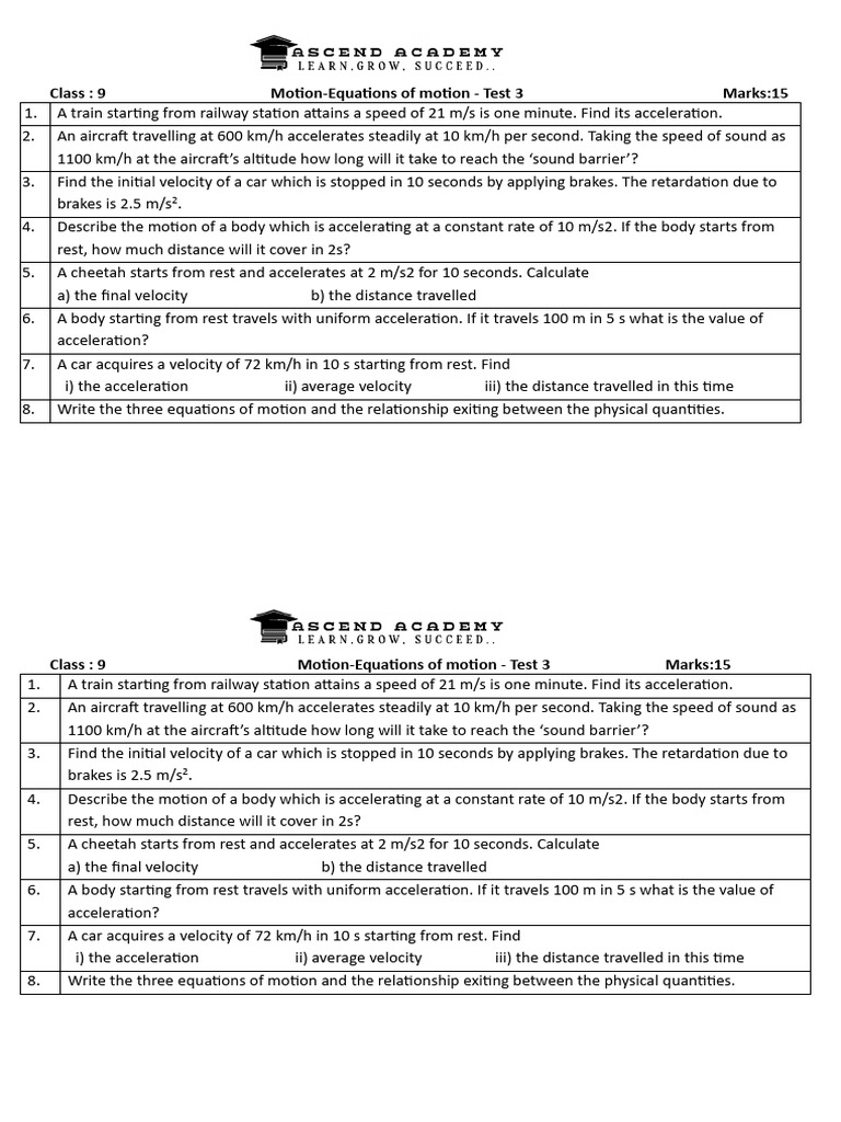Class 9 Motion: Equations & Problems | PDF | Acceleration | Velocity