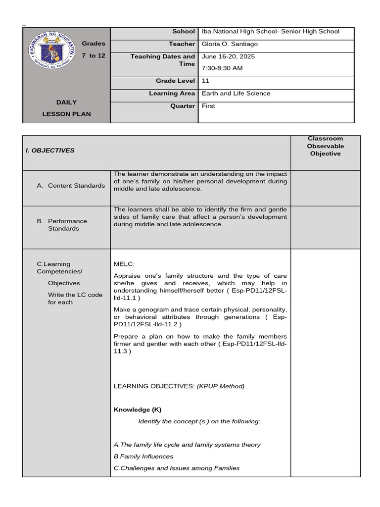 Daily Lesson Plan: Family Dynamics in Grades 11 | PDF | Learning ...