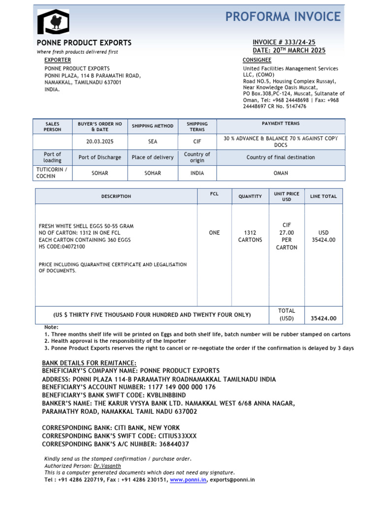 Ponne Product Exports Invoice 333/24-25 | PDF