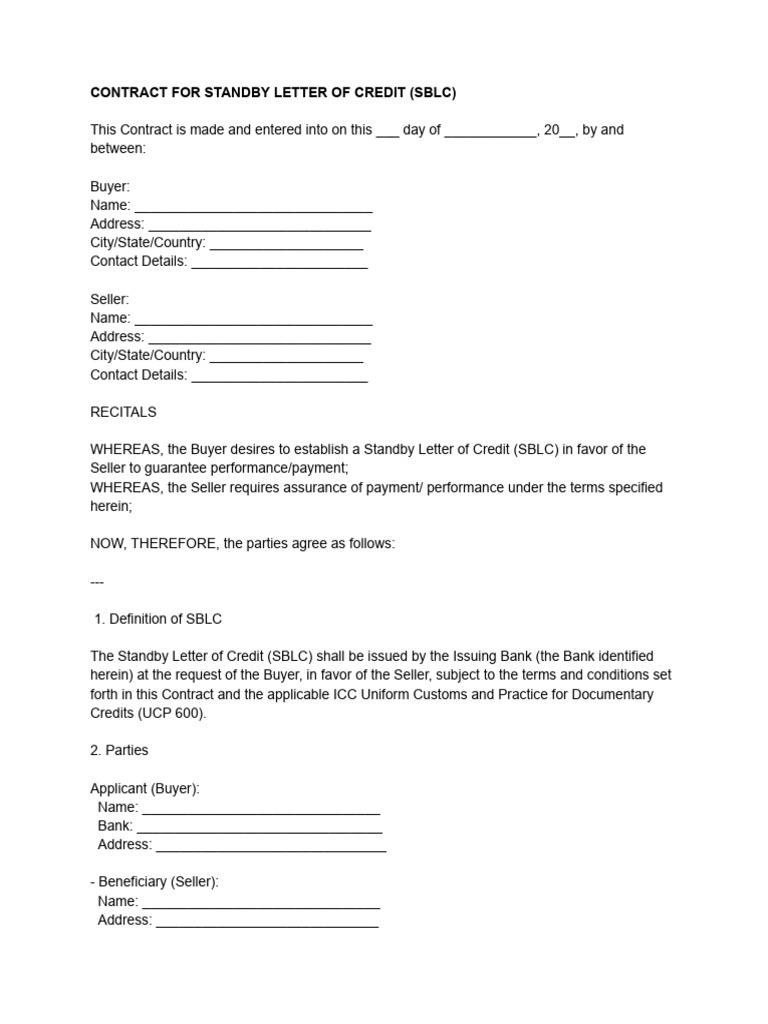 SBLC Contract Agreement Template | PDF | Letter Of Credit | Consent
