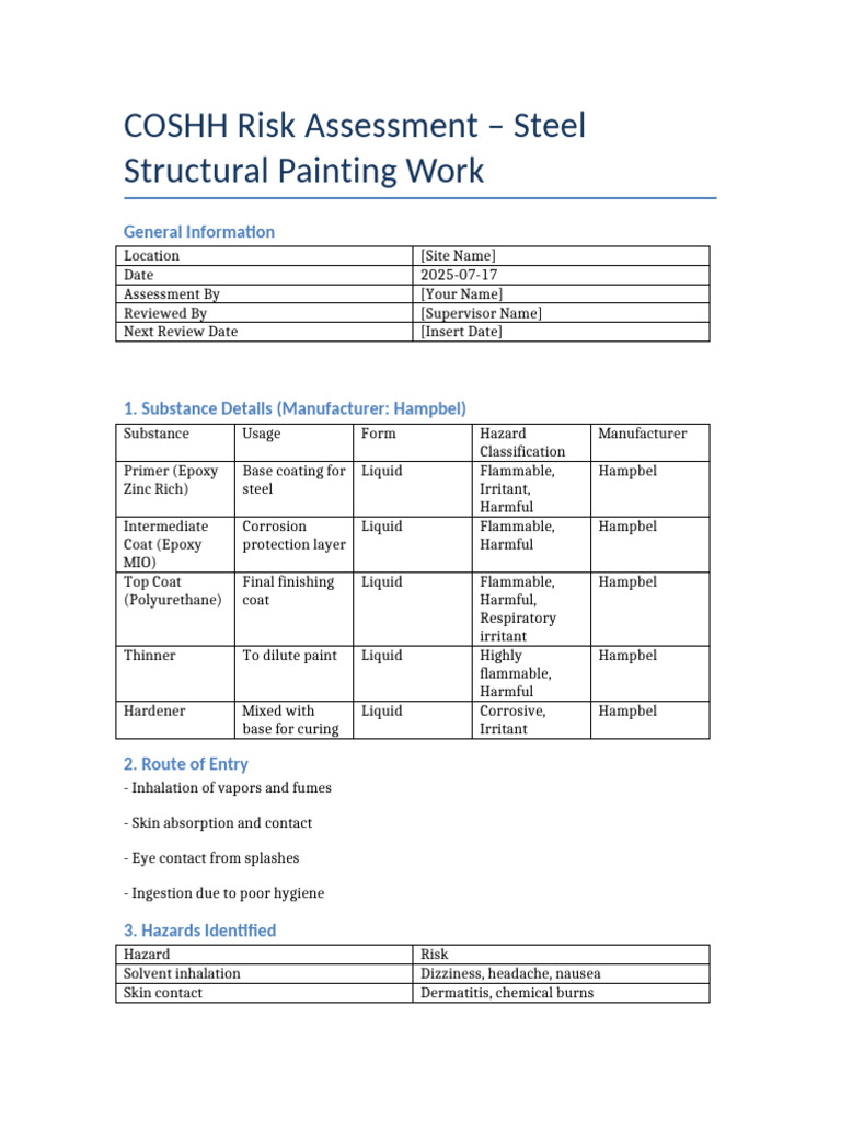 COSHH Assessment for Steel Painting | PDF | Paint | Hazards