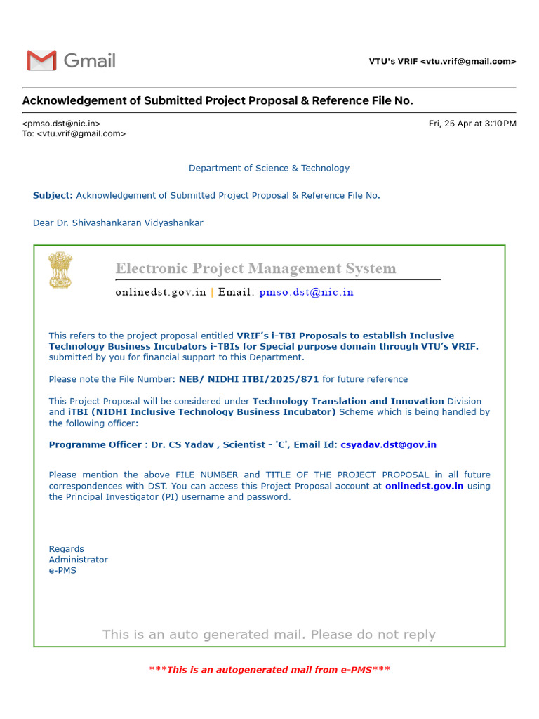 Acknowledgement of Submitted Project Proposal & Reference File No | PDF
