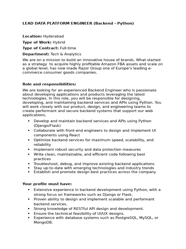 Backend Python Engineer Job in Hyderabad | PDF | Python (Programming ...