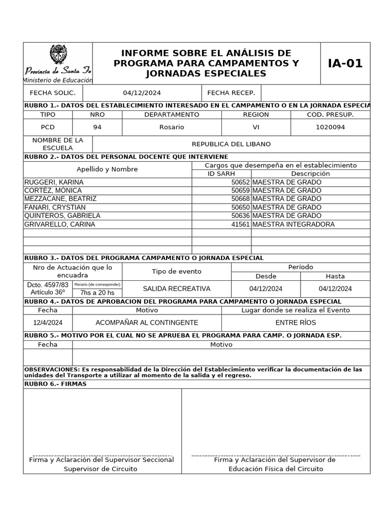 Formulario IA-01 para Campamentos | PDF
